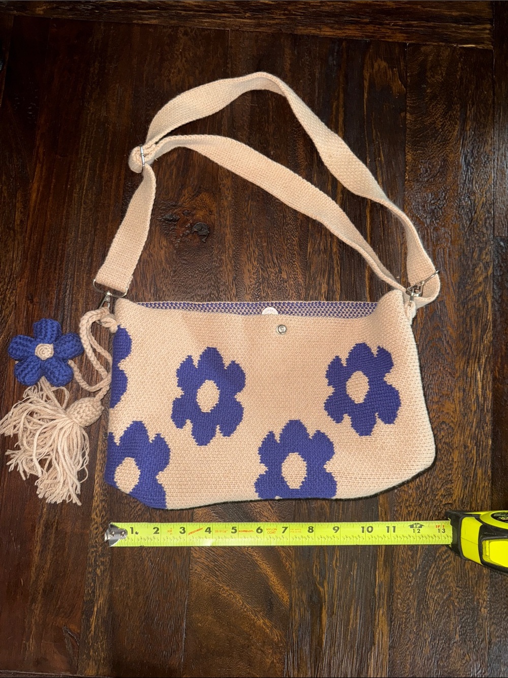 Knit Floral Crossbody Bag with Blue Flowers